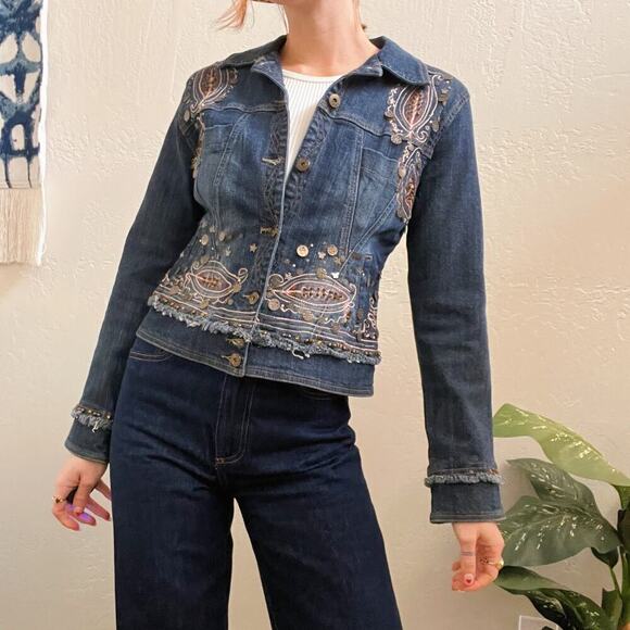 Vintage Y2K Blue Embroidered Boho Embellished Denim Jacket - Picture 1 of 5